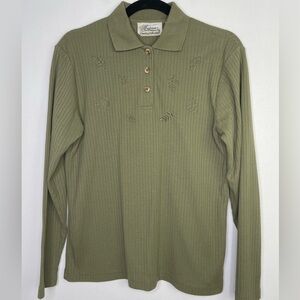 Vintage khaki ribbed autumn leaves embroidered top